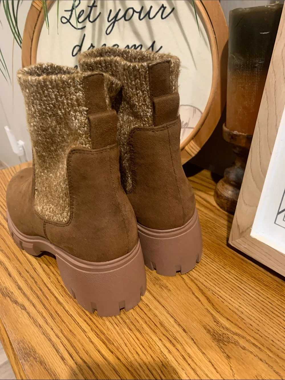 Women's Brown Suede Chunky Chelsea Boot with Knit Collar
